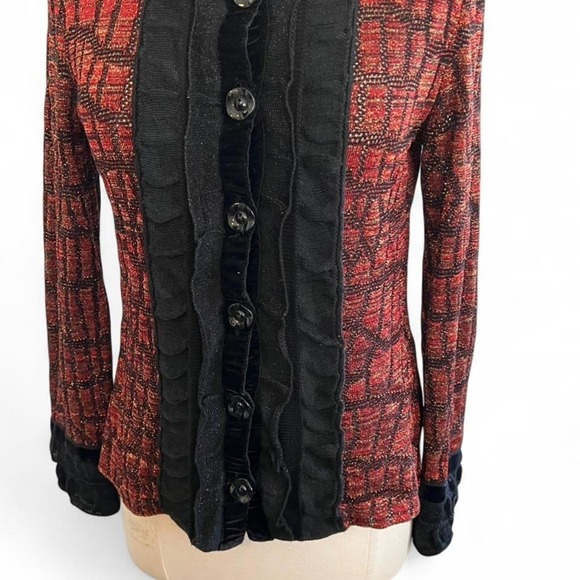 Liola Sweaters - Liola Made in Italy Red Black Metallic Knit Ruffle Velvet Cardigan Size IT 42